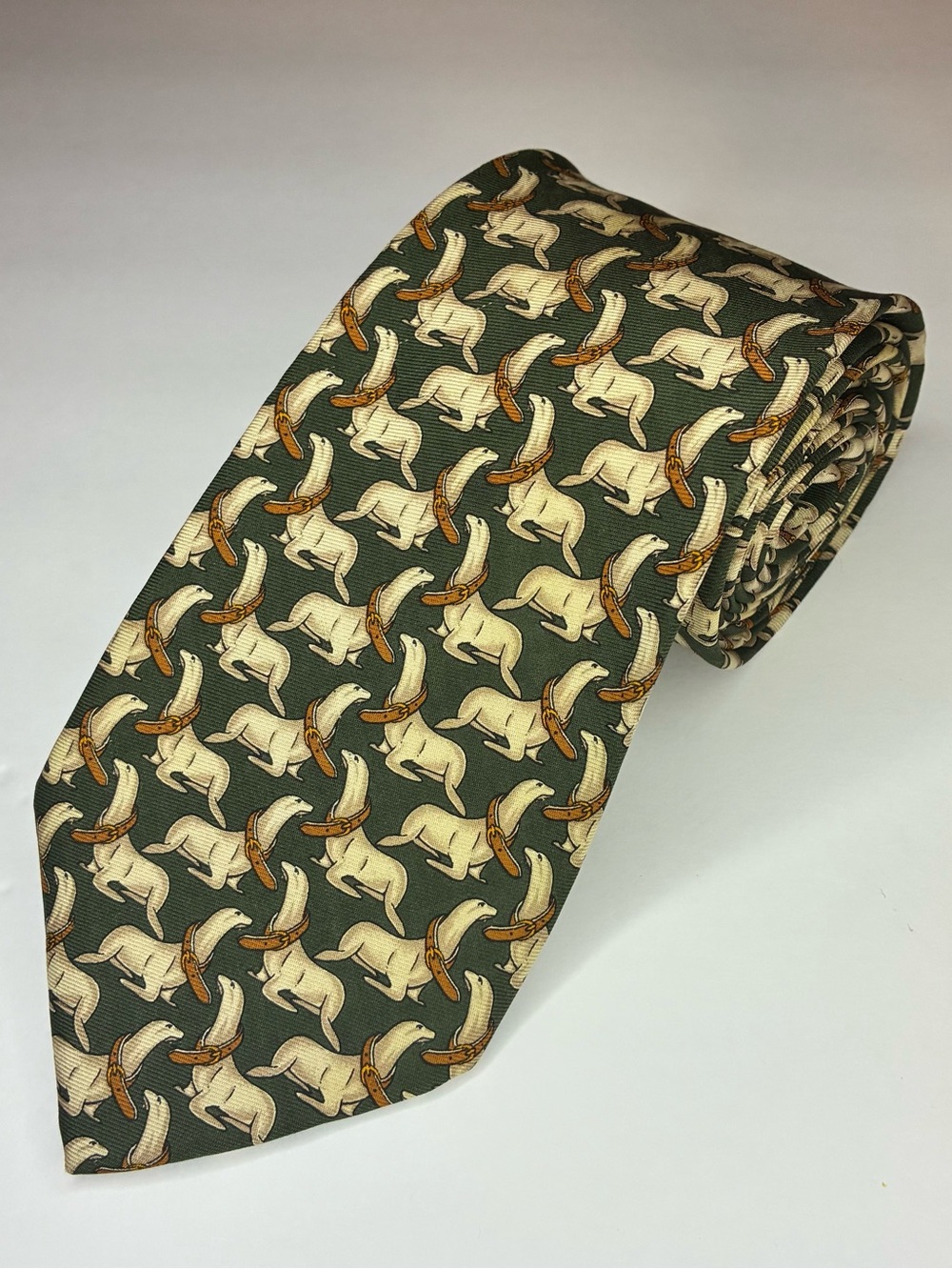 Brooks Brothers Makers Silk Tie Vintage Green Sea Lion Seal Animal Print Preppy